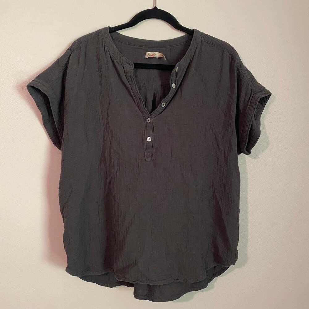 Faherty Gray Gauze Boxy Popover Henley Lightweight Cotton Blouse Women's Large